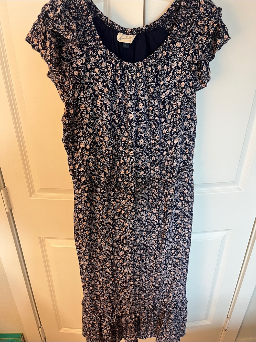 Universal Thread Navy Dress with Pink Floral Print and Ruffle Sleeves